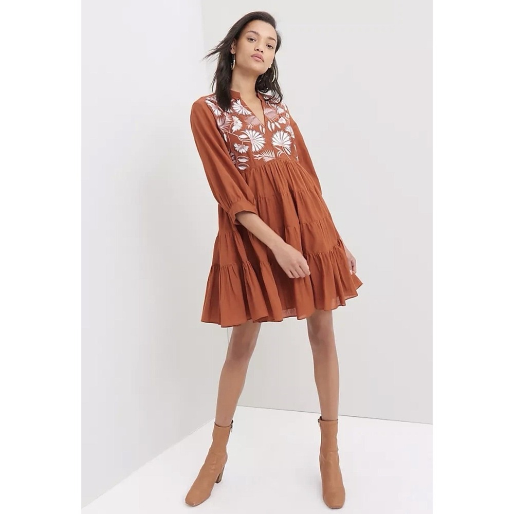 ANTHROPOLOGIE Burnt Orange/Brown Size XS Apolline‎ Embroidered Tunic Dress
